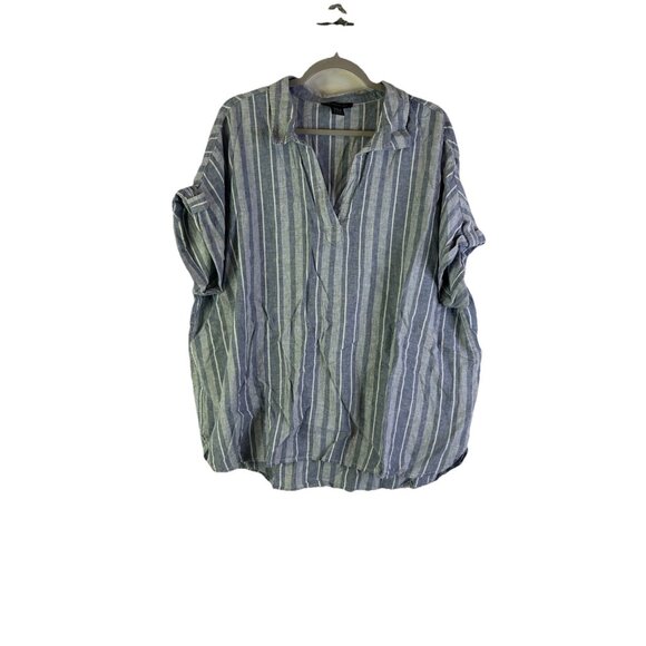 Tahari Linen Blend Striped Short Sleeve Gauzy Flowy Shirt Coastal - Picture 1 of 7